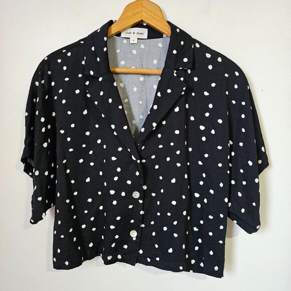 EUC WORN ONCE CLOTH & STONE ECOVERA BLACK WHITE DOTTED CROP SLOUCHY SHIRT TOP S - Picture 5 of 10
